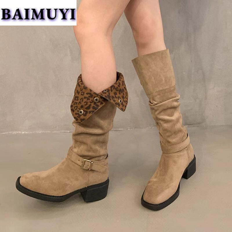 Leopard High Heels Women High Boots Designer Shoes 2025 Trend Winter Brand Suede Chunky Chelsea Boots Pumps Mujer Western Botas