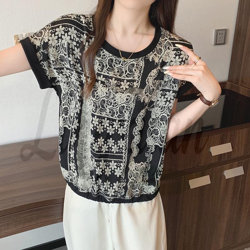 

2026 Summer Plus Size Women s Retro Print Flutter Sleeve T-shirt 4XL