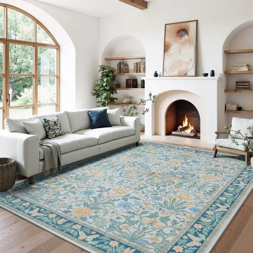 Vintage Floral Butterfly Sage Green Area Rug Bohemian Living Room Non-slip Rug Washable Large Area Rug Bedroom Decorative Rug