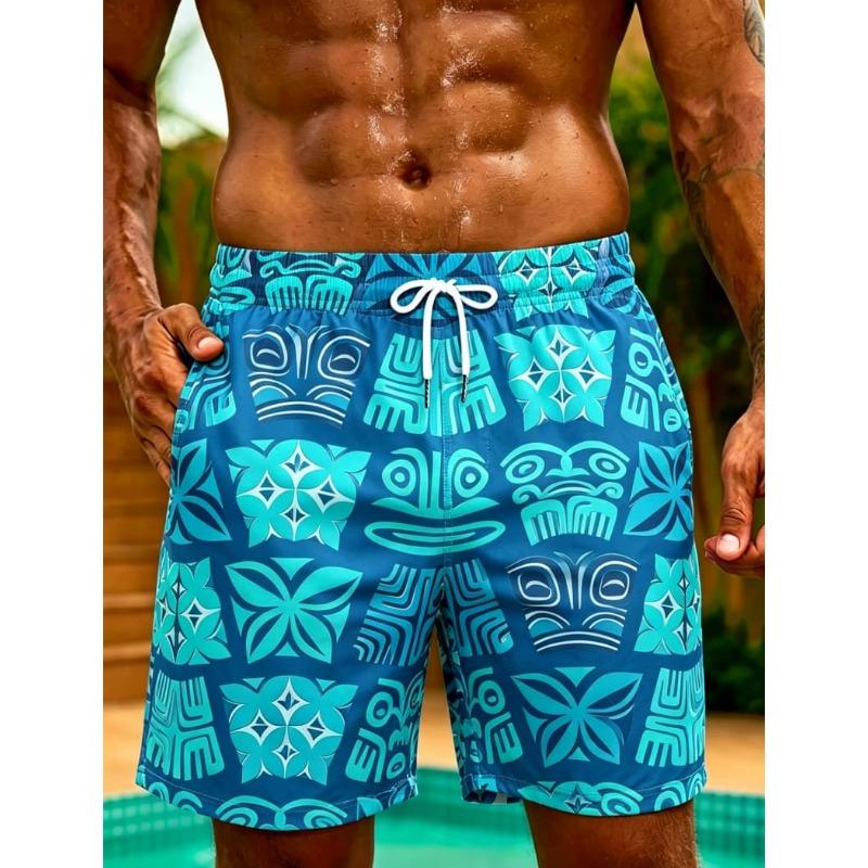 Men's Graffiti Line Printed Beach Shorts, Drawstring Quick Drying Beach Shorts, Suitable for Beach, Surfing, and Summer Wear