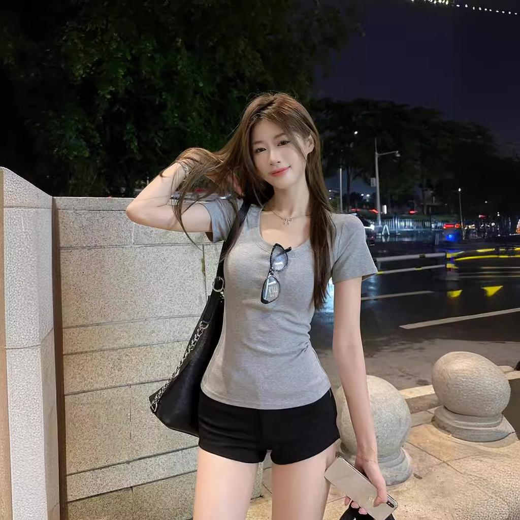 Basic solid color shoulder short-sleeved T-shirt women's summer sweet and hot girl U-neck waist pinch slim and thin cotton short top