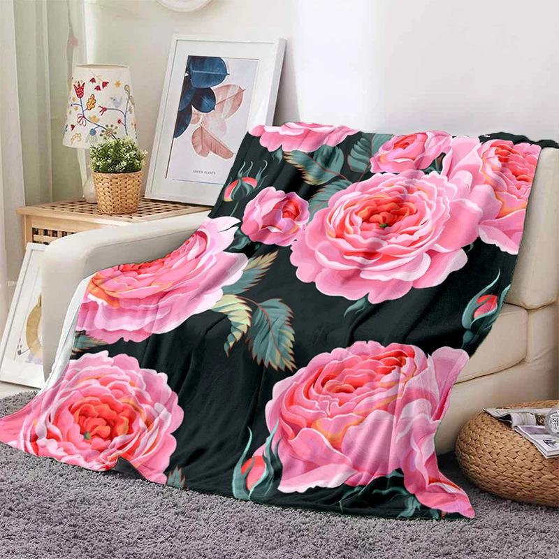 Pink Rose Flowers Printed Blanket for Sofa Bed Travel Camping Living Room Office Conditioning Blanket for All Seasons Gifts