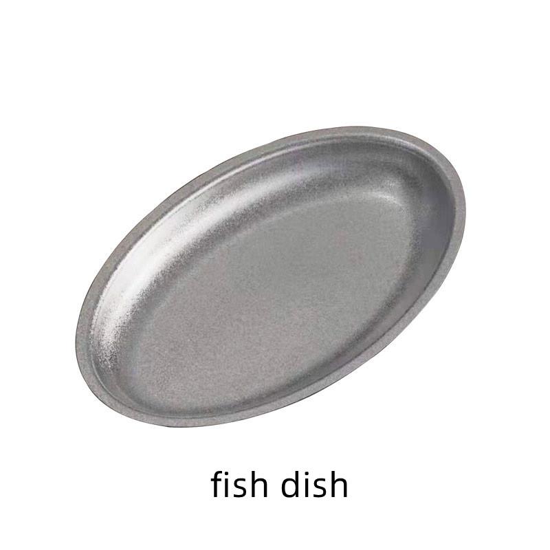 Vintage Western Style Steak Round Tray 304 Stainless Steel Solid Spaghetti Oval Plate Outdoor Dessert Square Plate Tableware