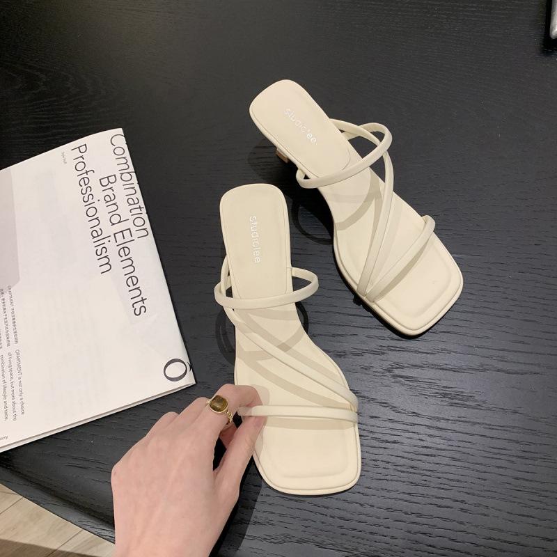 

! Shoes Square Head Thin Belt Square Head Skinny High Heel Cool Slippers Women 40 білий