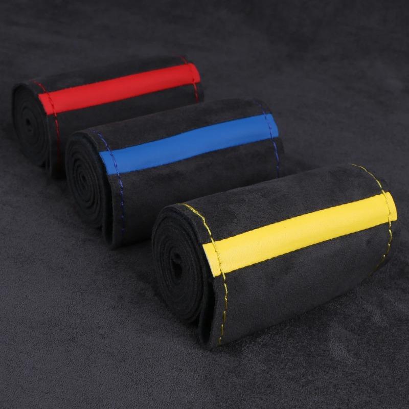 37-38cm Universal Suede Car Steering Wheel Cover, DIY Hand Sewing, Black Soft Leather Braiding Cover for Auto Steering Wheel