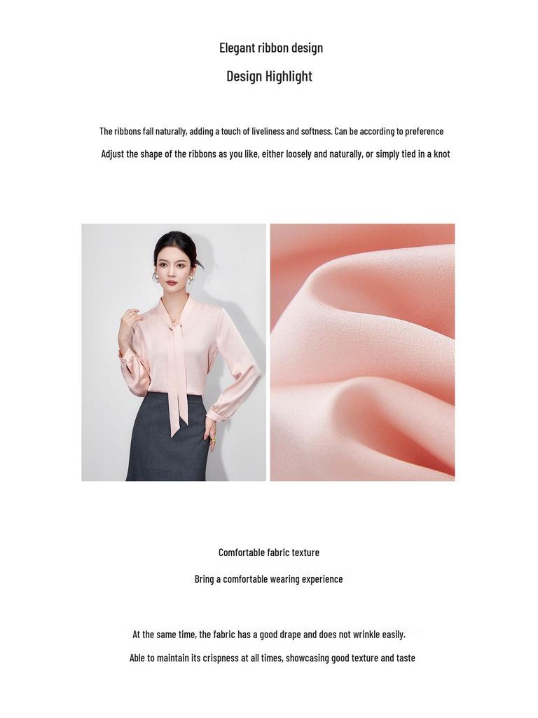 Elegant V-neck Pink Ribbon Long Sleeve Shirt - Autumn & Winter Collection