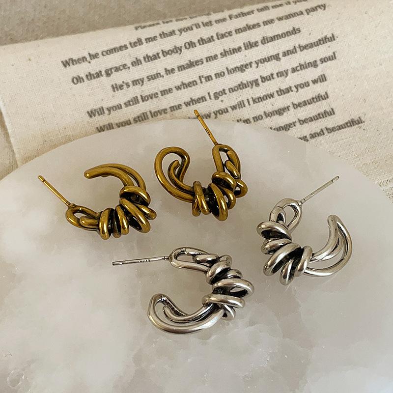 Irregular Lines Wrapped Metal Stud Earrings Women Retro Old Personality Unique Fashion Commuting Versatile Earrings