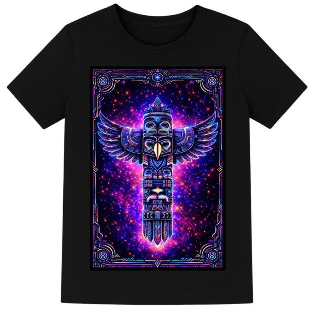 Native American Tee Cosmic Totem Spirit T Shirt, Winged Guardian Art Tee, Psychedelic Tribal Inspired Design, Neon Galaxy Graphic Top