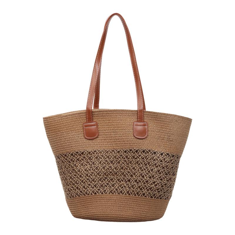 Handwoven Straw Tote Bag with Leather Handles Woven Pattern Summer Beach Bag Casual Everyday Use