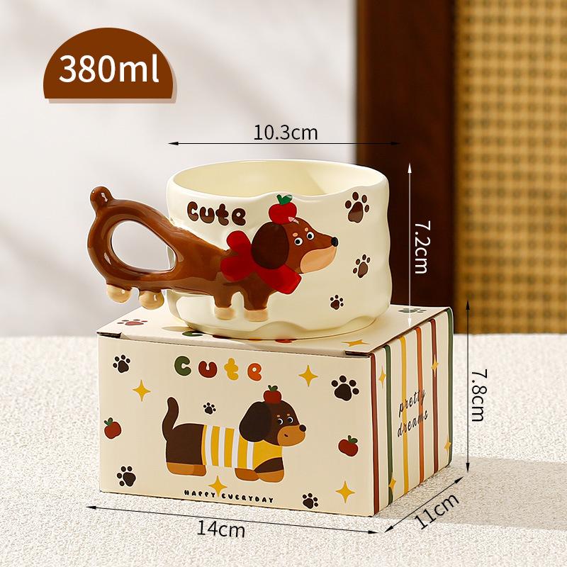 Милая такса Керамическая кружка Штабелируемая Чашка для кофе, молока, чая, воды Милая детская кружка для завтрака Бытовая посуда для напитков 380ml бежевый