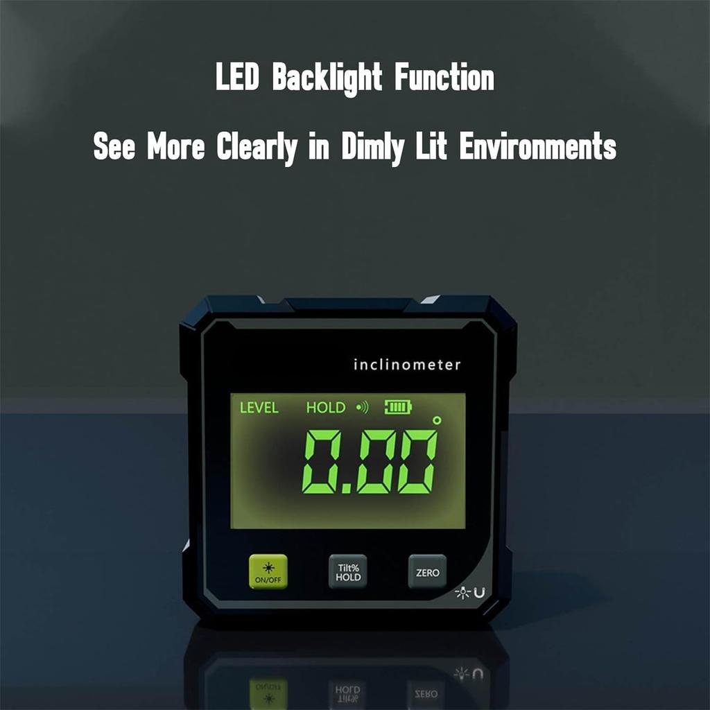 Digitaler Winkelmesser 4-seitig magnetisch, Digitale Wasserwaage mit LED-Anzeige, USB-wiederaufladbarer Neigungsmesser, ±0,2° Präzisions-Neigungsmesser