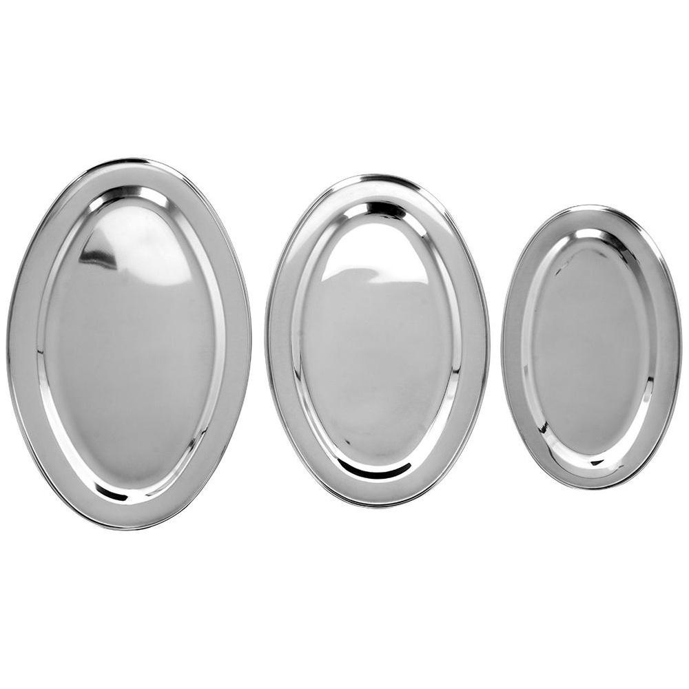 3x Silver Steel Serving Tray Oval Plate Platter Dish