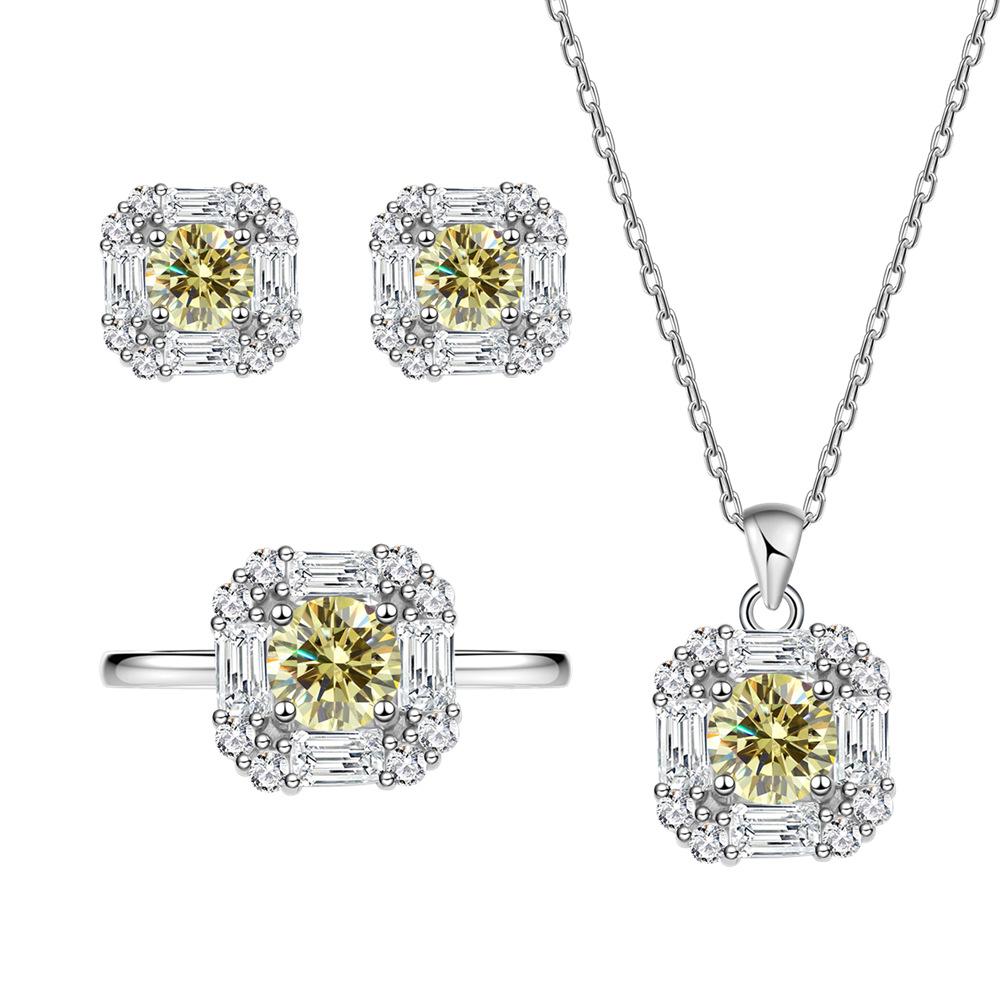 Conjunto quadrado redondo 7 mm colar de diamante amarelo feminino prata esterlina 925 joias com corrente de clavícula
