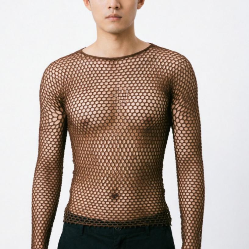 Coffee Men'S Sexy Lingerie Hollow Out Fishnet Tops Black Color Man Sexy Nightgown Hombre Lencería