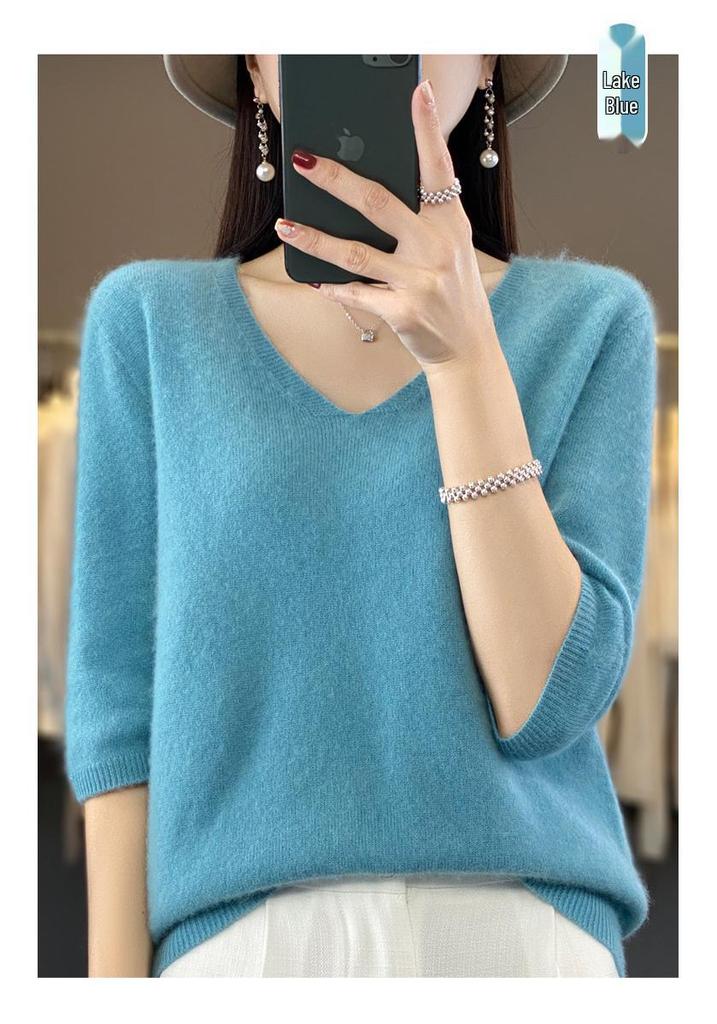 Women's 100% Pure Wool V-neck Short-Sleeve Knit T-shirt, Spring/Autumn Versatile Base Layer Sweater