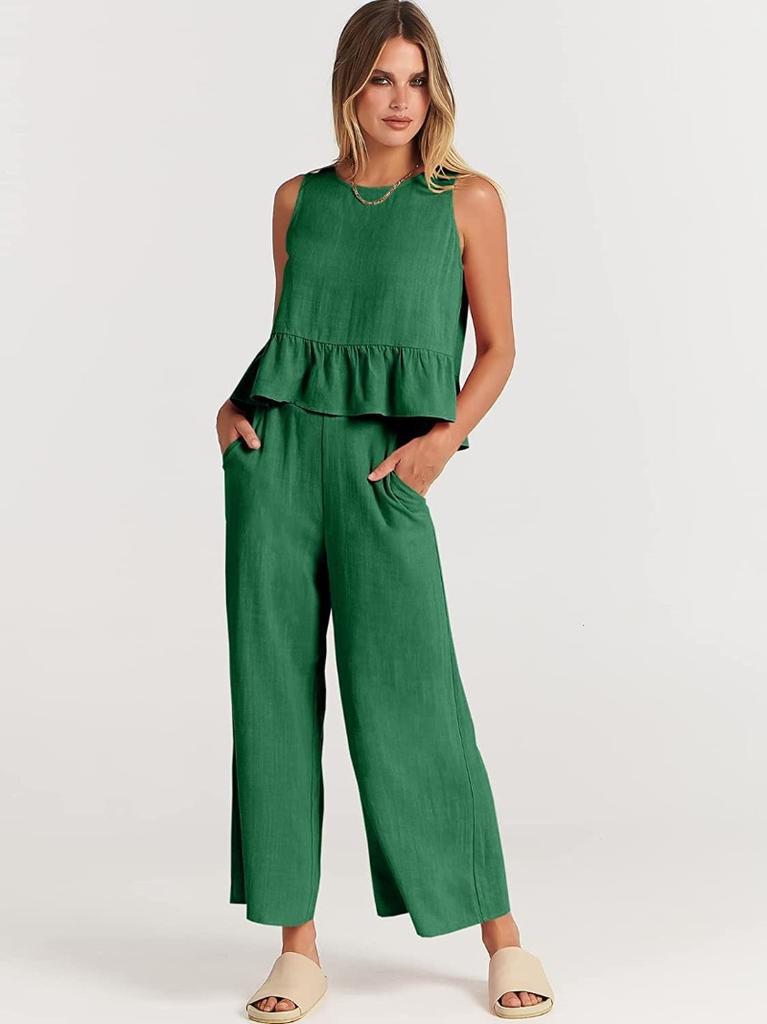 New Summer/Fall Sleeveless Tank Top and Wide-Leg Cropped Pants Casual Set for Women