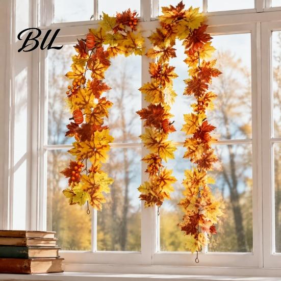 Artificial Maple Leaf Garland Fall Wreath, Autumn Vine with Pine Cones Pumpkins, Reusable Decorations for Home Hanging Decor Thanksgiving Harvest