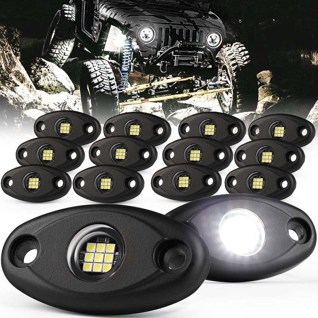 White LED Rock Lights, 12 Pods 12V Waterproof Underglow Underbody Kit Crawler Crawling Dome Exterior Wheel Lights for ATV RZ