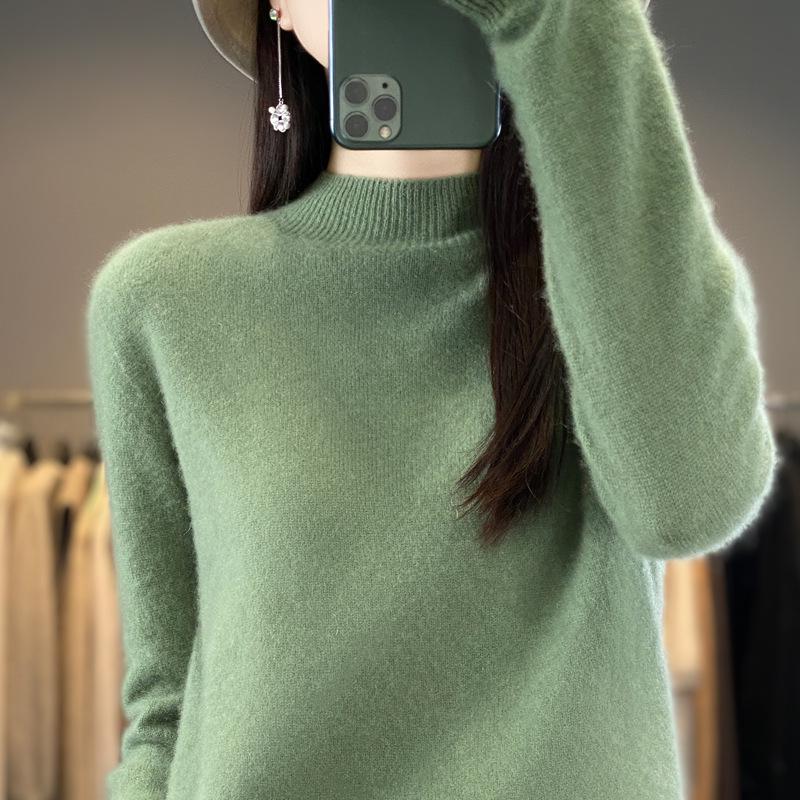 Women's Pure Wool Ribbed Sweater - Autumn/Winter Loose Fit Semi-High Neck Pullover
