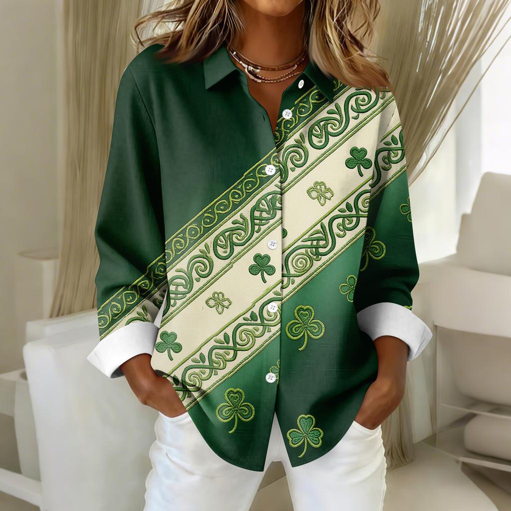 Dámská košilová halenka s vánočním potiskem s dlouhým rukávem pro volný čas Základní košile s límečkem Regular Top