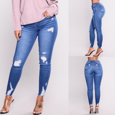 Dámské Ležérní Slim Jeans Dámská móda Vysoký pas s otvory v elasticitě a kalhoty pro malé nohy