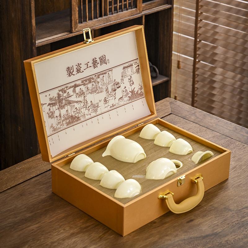 Ceramic Suet Jade Gem Yellow Tea Set Ten-piece Set High-end Gift Box Teapot Teacup Living Room Household Solid Color