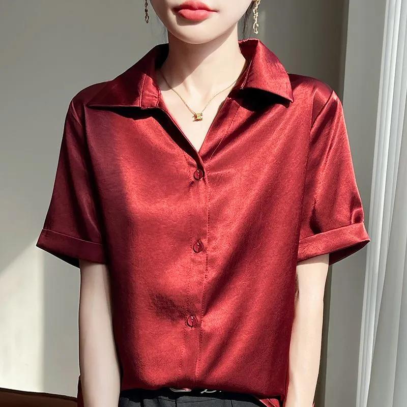 Summer Women Satin Short Sleeve Shirt Elegant Collar Blouse