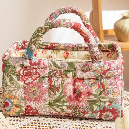 Quilted Floral Storage Basket Fabric Foldable Storage Tote with Handles Boho Collapsible Basket for Nursery Toys Towels Clothes Storage