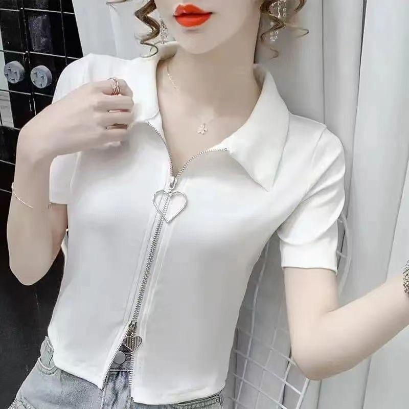 Women's Turn Down Collar Short Sleeve Blouse Loose Fit Cropped Zip Front Solid Color Korean Casual Summer Crop Shirt Top