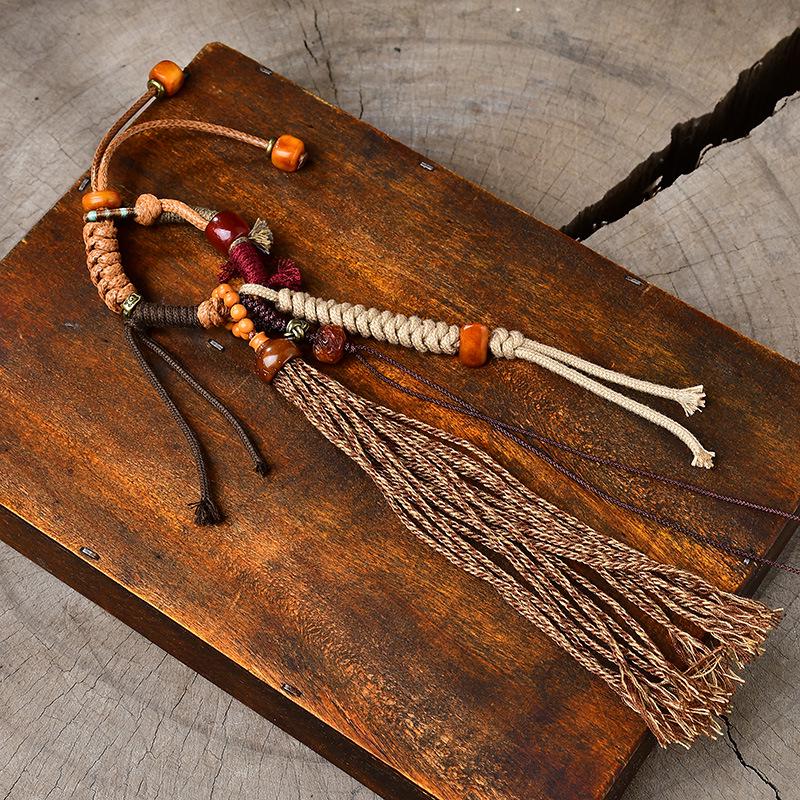 Woven Tibetan Glaze & Gold Sandalwood Beads with Bull Rope Support