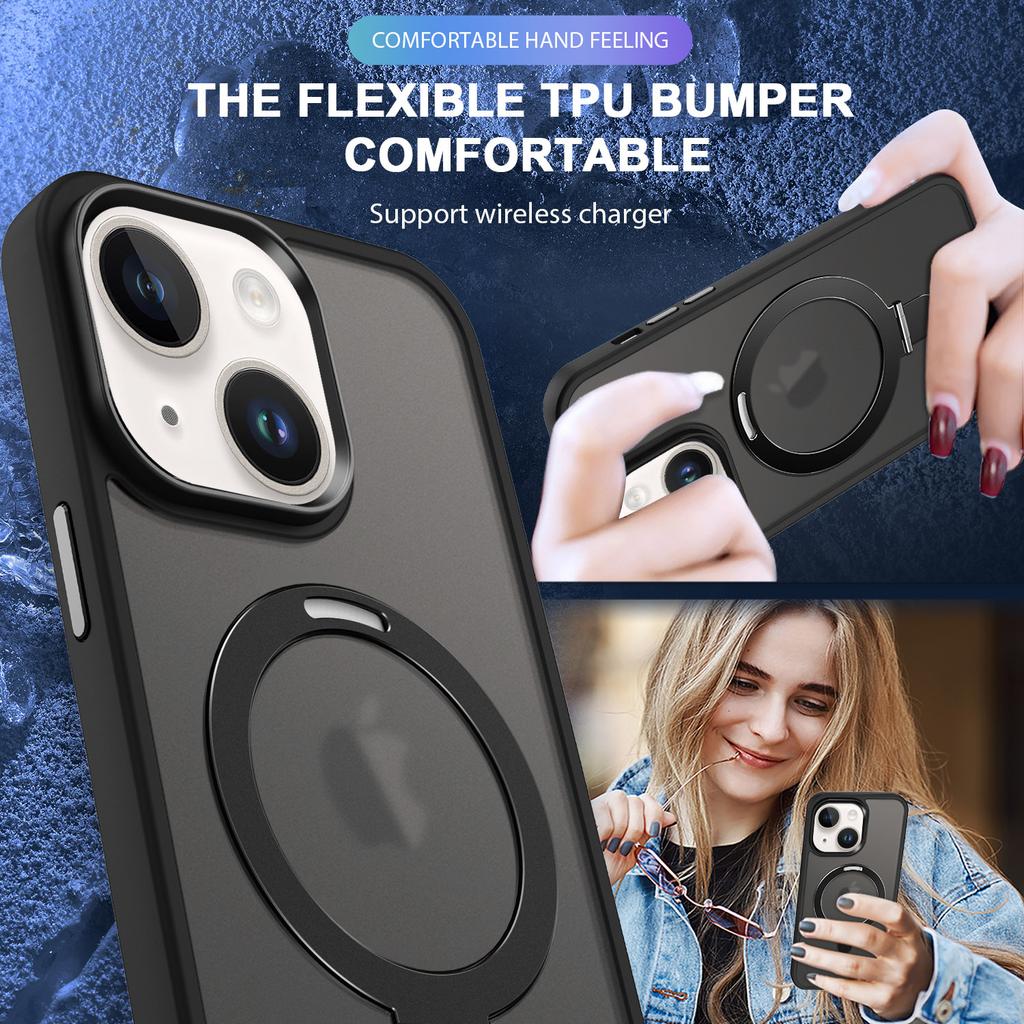 For iPhone 15 Plus Case Compatible with MagSafe PC+TPU Ring Kickstand Phone Cover