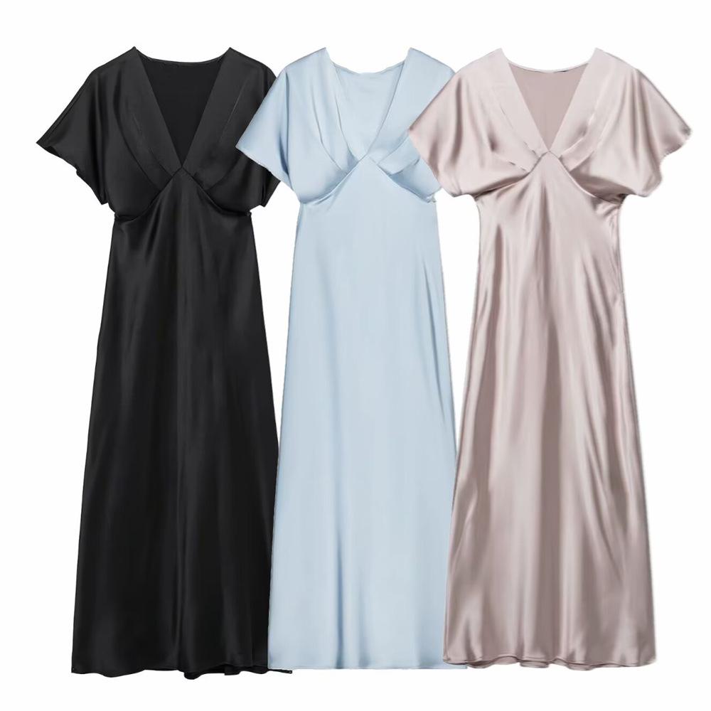

2025 Spring/Summer Women s Slim V-Neck Silk Satin Midi Dress S