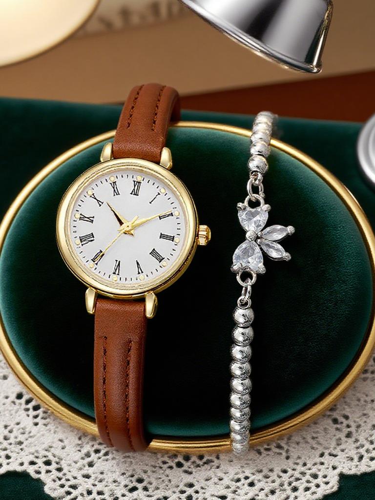 Fashionable Retro Simple Small Round Dial Leather Strap Women's Quartz Watch Bracelet 2 Piece Set, Suitable for Daily, Dating
