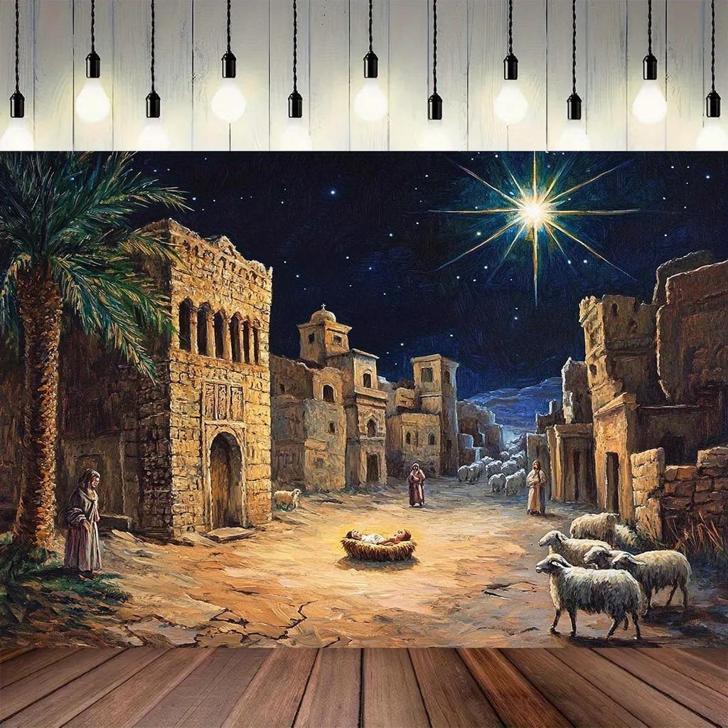 1 Christmas night scene starry sky Shepherd and Livestock stable theme background fabric - Durable polyester, birthday