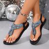 Blue Rhinestones Flat Sandals for Women Summer  Bohemian Style Comfort Beach Shoes Woman Lightweight Clip Toe Roman Sandals