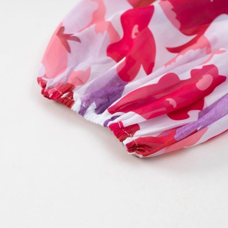 Women V Neck Waist Wrapped Floral Summer Dresses with High Sleeves