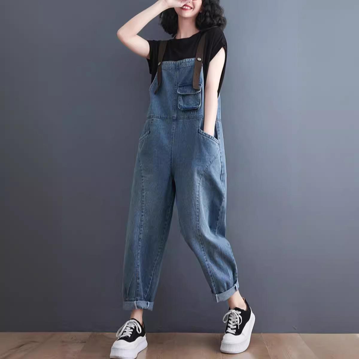 

Джинсовый комбинезон женский корейский вариант свободного весенне-летнего ретро-комбинезона на подтяжках XXL темно-синий
