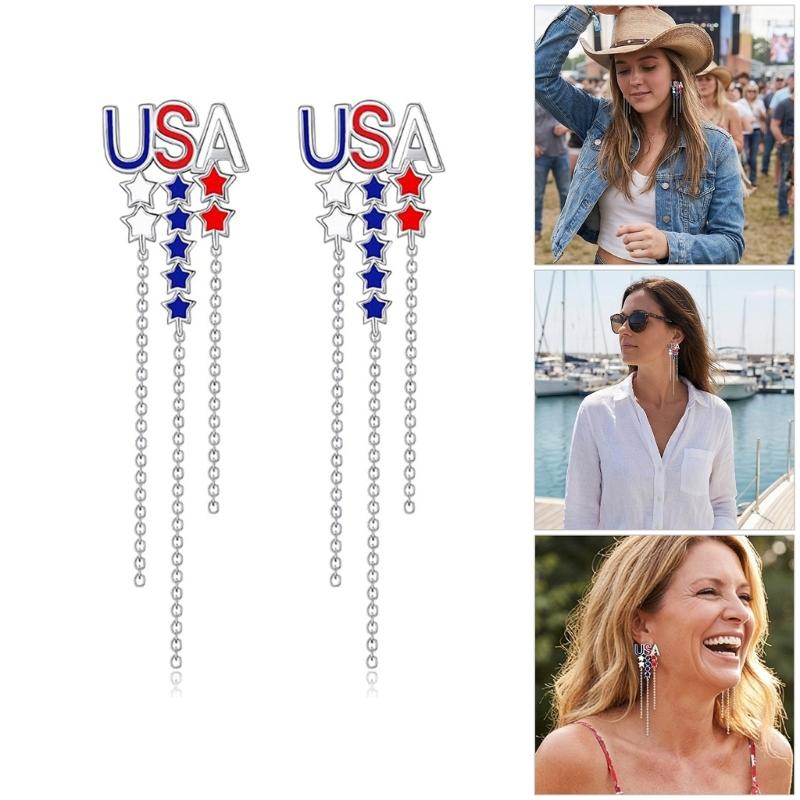 Patriotic American Flag Star Dangle Earrings With Tassels Accessories For Independence Day Celebration