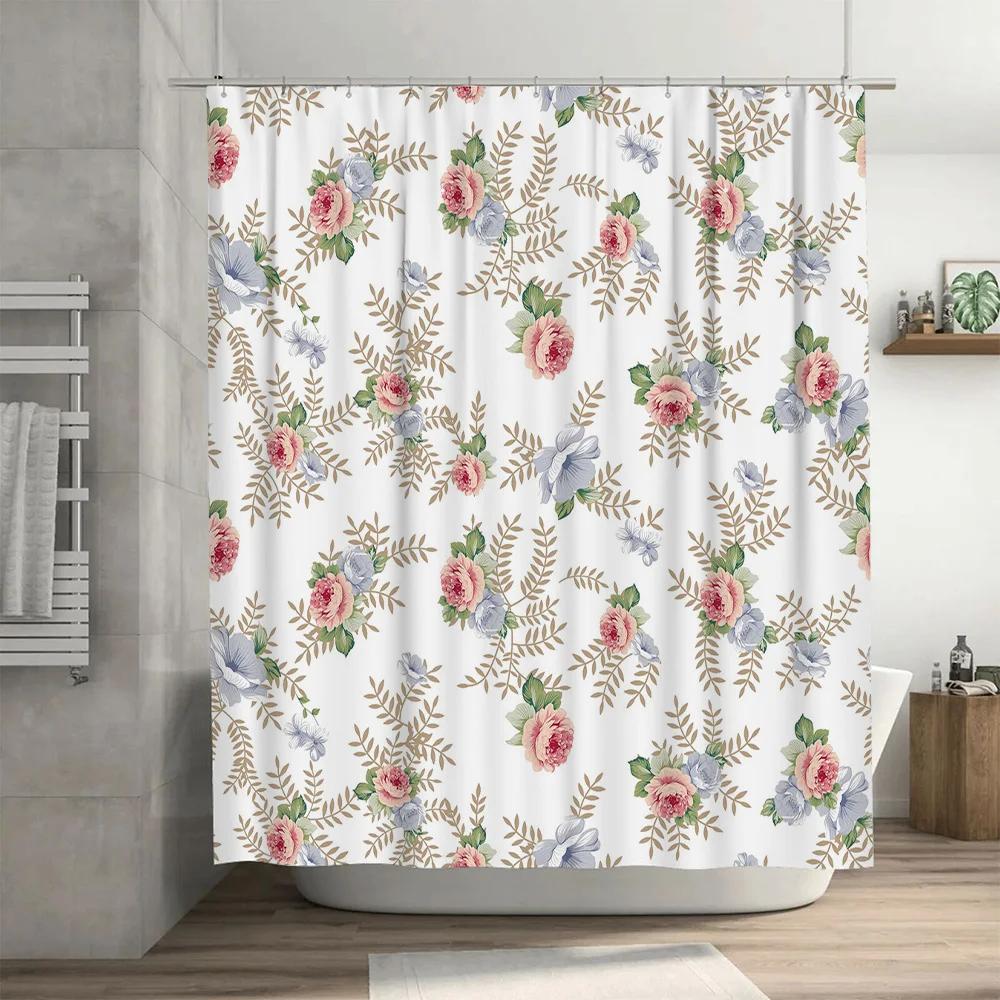 Charming Floral Shower Curtain with Rose Pattern for Bathroom Decor Pink Blue Colorway, 72x84 Inch Size