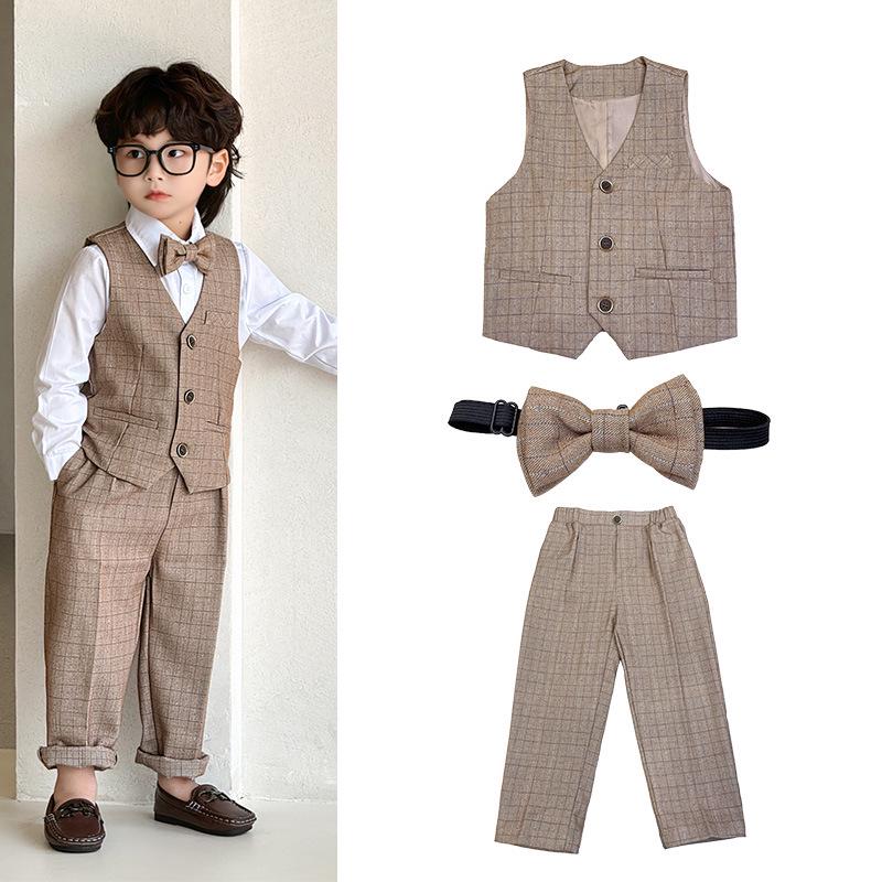 2025 Autumn British Plaid Tuxedo Suit for Kids: Boys' & Girls' Performance Vest Costume