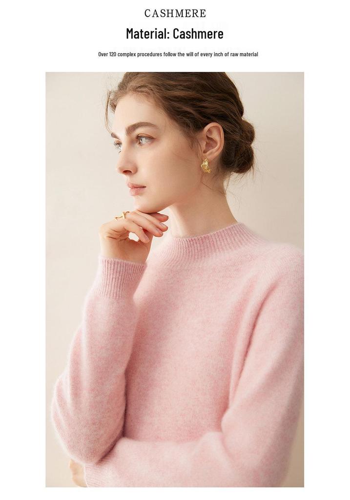 Women's Winter Pure Cashmere Sweater - Half-High Collar Loose Fit Pullover, Gentle Style, Slimming and Thick