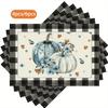 4/ 6pcs Buffalo Plaid Polka Dot Pumpkin Flowers Leaves Placemats 12x18 Inch Fall Thanksgiving Table Decorations for Kitchen Dining Party Home Deco