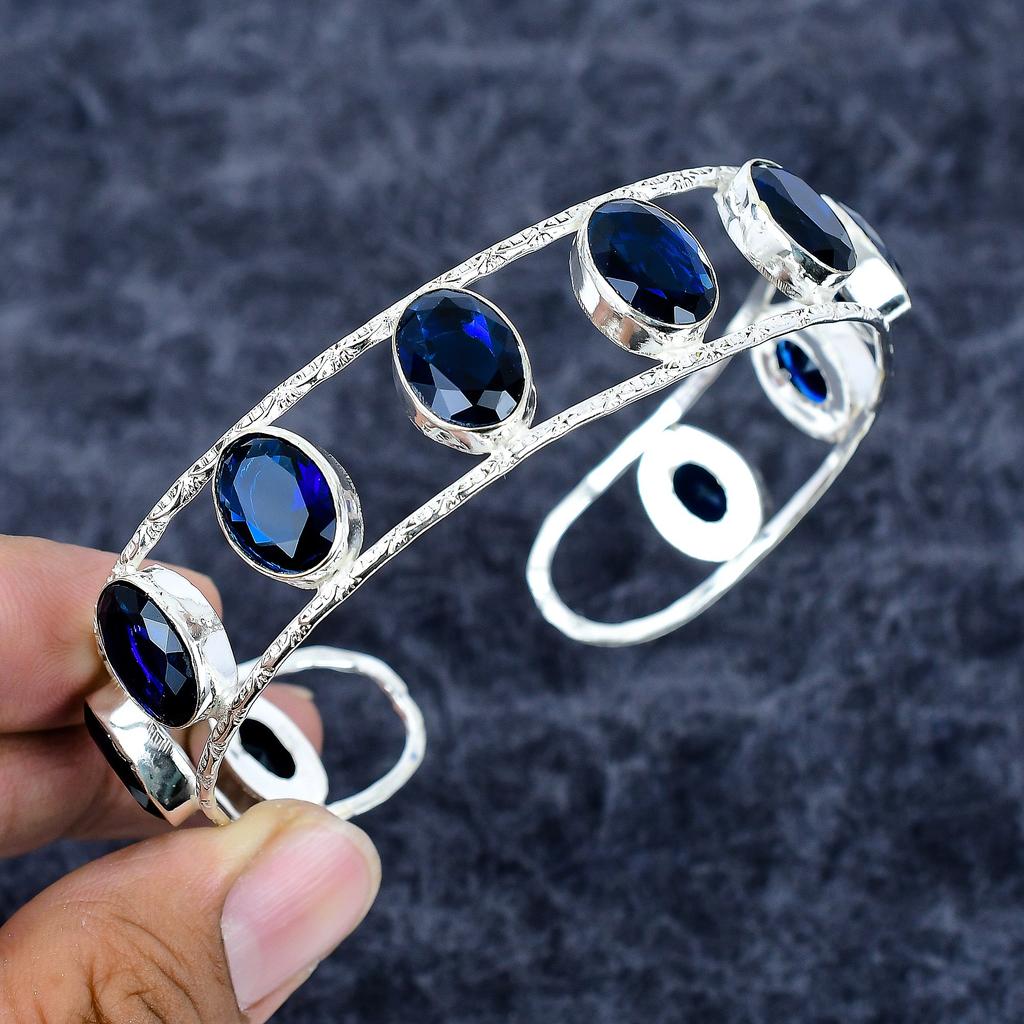 Iolite Quartz Gemstone Handmade 925 Sterling Silver Cuff Bangle Adjustable M-3333