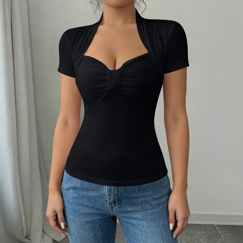 Camiseta de manga corta con cuello en V de color para mujer. Camiseta de capa base.