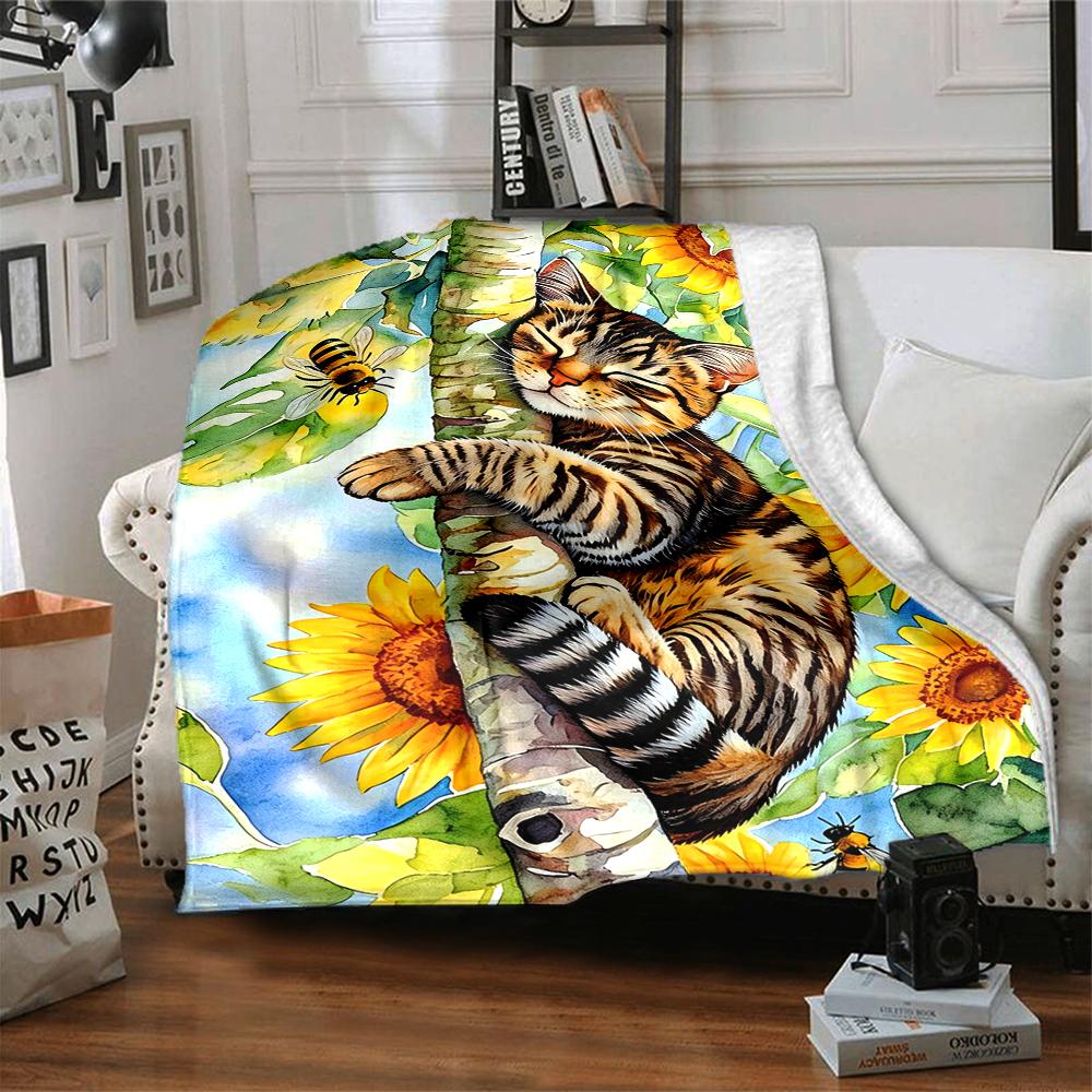 1Pc Cat Bee Sunflowers Blanket Soft And Comfortable Casual Warm Camping Travel Christmas Halloween Xmas Gift M928227