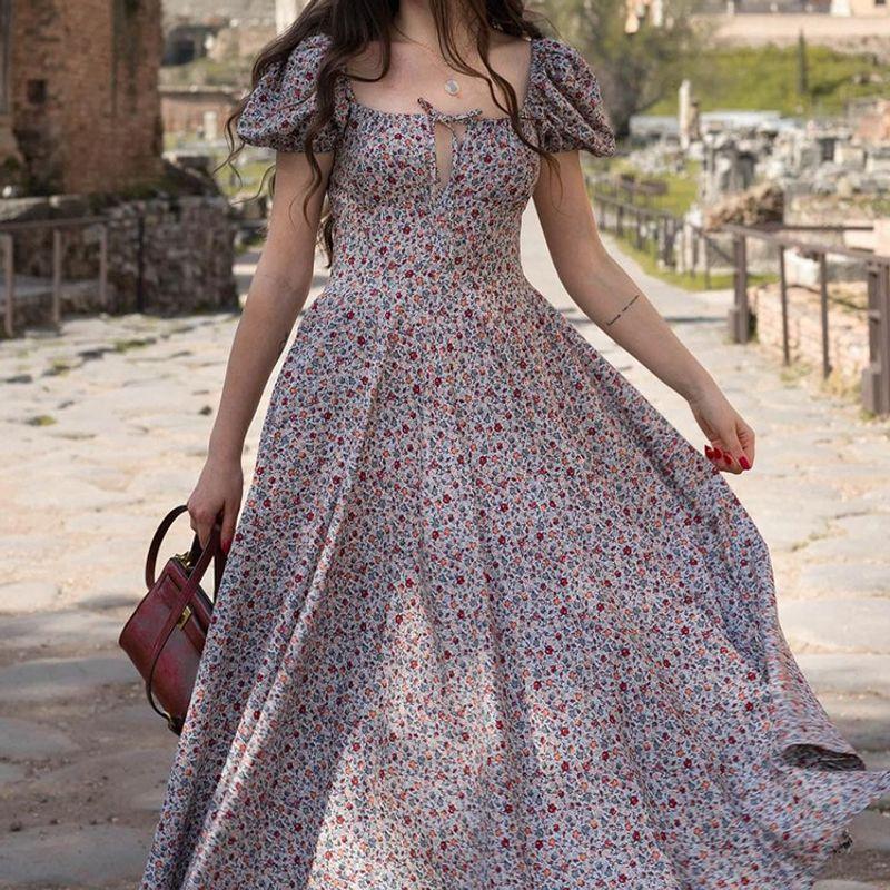 Fashion Wind Young Sexy Square Collar Lace up Small Floral Print Silm Puff Sleeves Elegant High Slit Dress Female