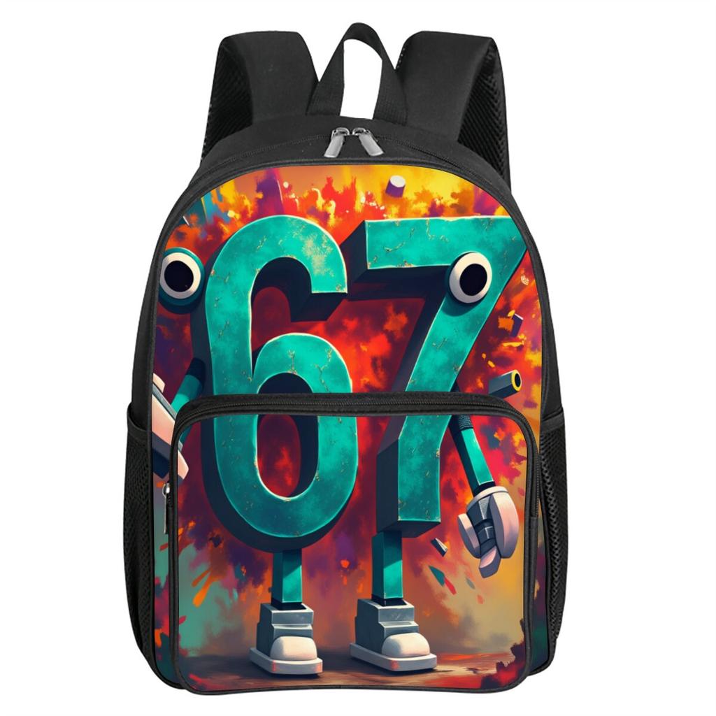 Colorful Number 67 Print Square Front Pocket Backpack Large Capacity for Boy/Girls Best Gift 2D Cartoon Children's School Bag