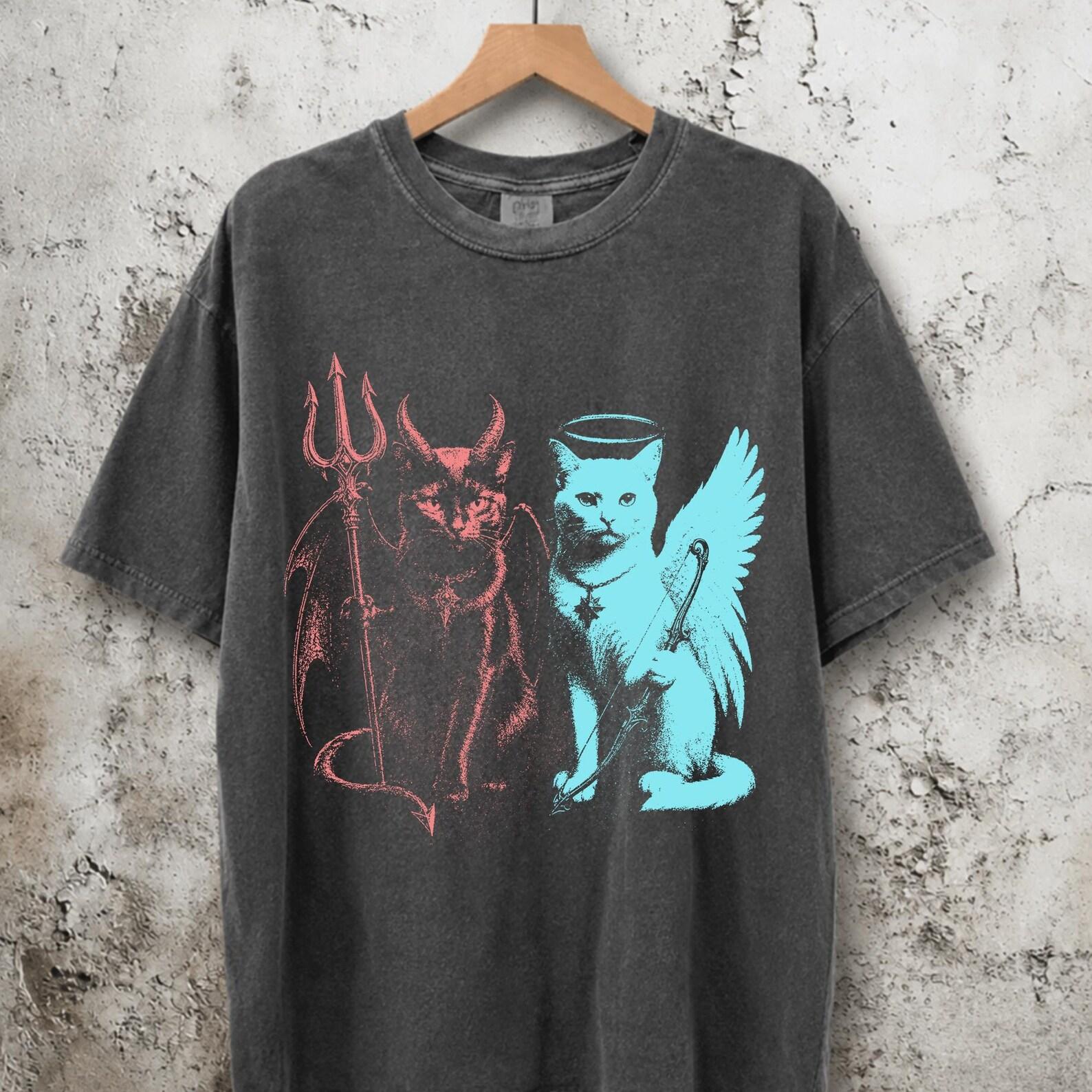 Vintage Black Angel Cat Shirt, Grunge Kitten Graphic Tee, Retro Purrvana Cat With Wings Apparel, Y2K Goth Gift L