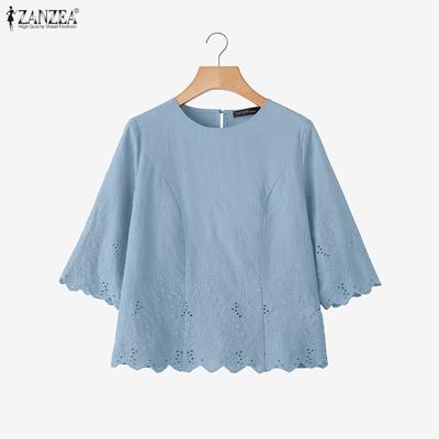 Women Casual Round Neck 3/4 Sleeve Embroidery Loose Blouse