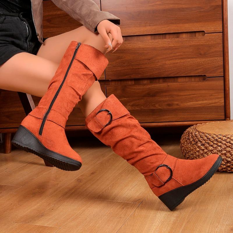 Wedge Single Boots Autumn New Round Toe Metal Belt Buckle Platform Anti-Slip Wear-Resistant Tall Boots